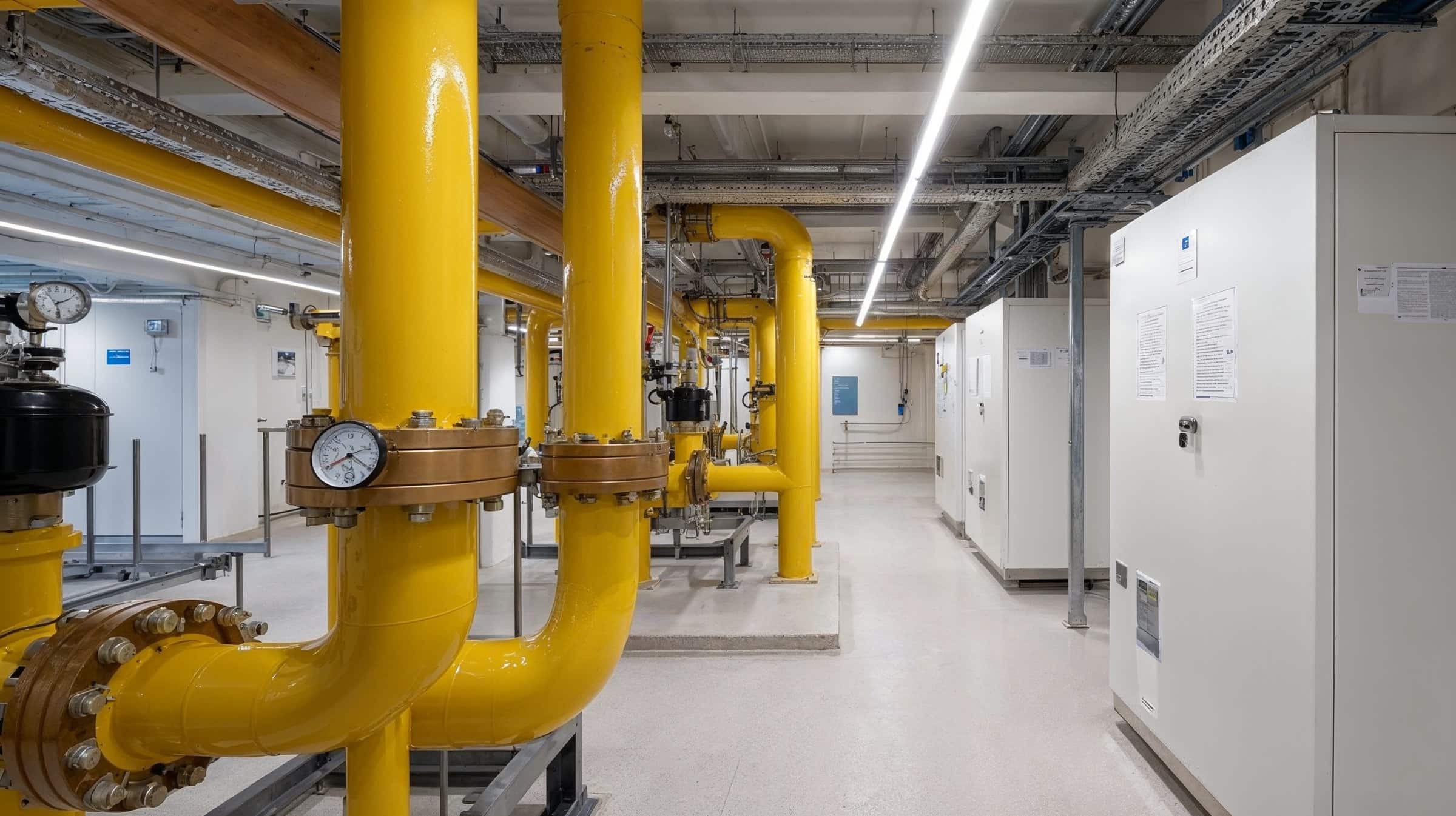 Undercentral med gula rör i flera dimensioner, flänsförband och två manometrar, och elskåp längs väggen.